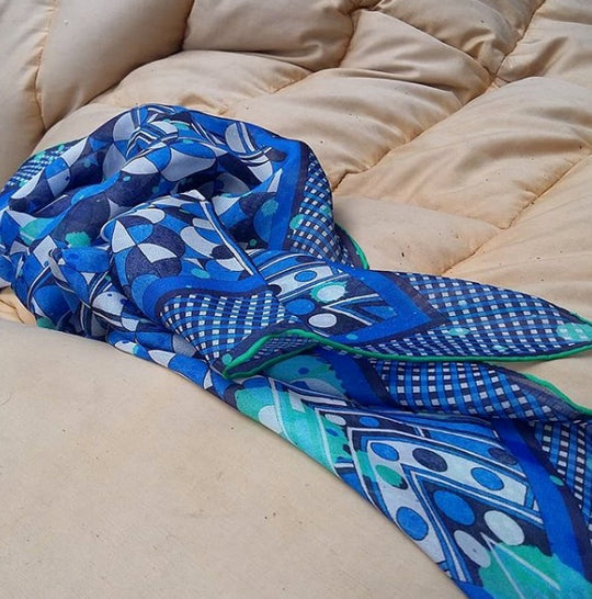 blue patterned silk scarf for women