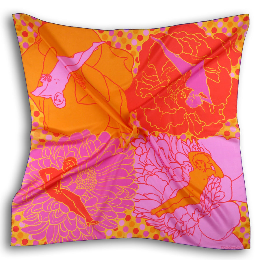 Square Silk Scarf (90cm) - Flora Pink/Red/Orange