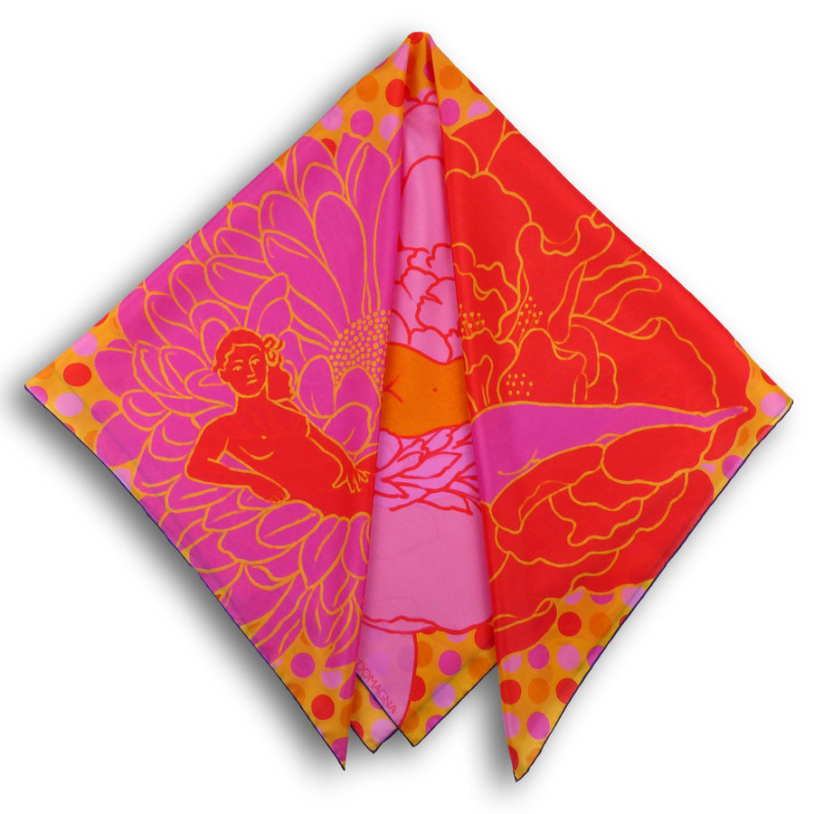 Square Silk Scarf (90cm) - Flora Pink/Red/Orange