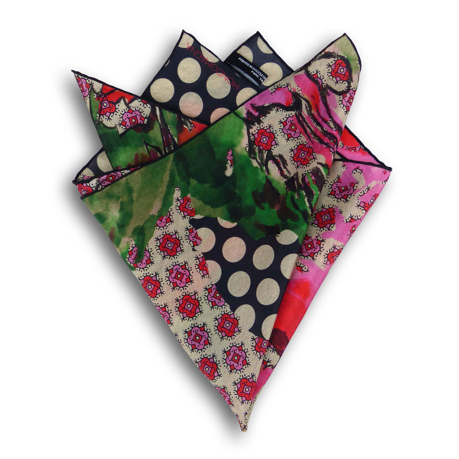 Silk Pocket Square - Stourhead Black/White/Pink/Red