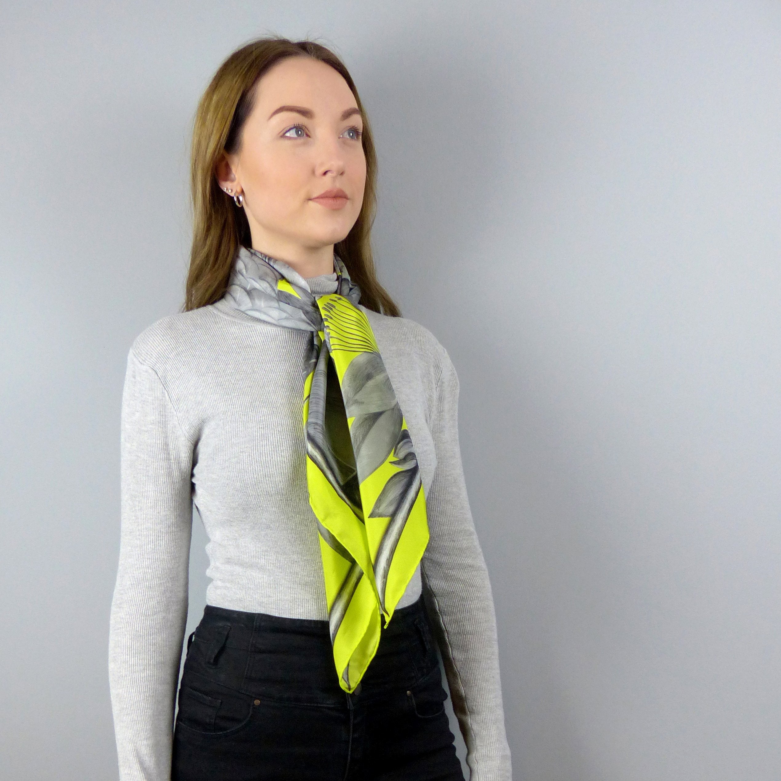 Pure silk scarf for women with cockatoo artwork on lime background