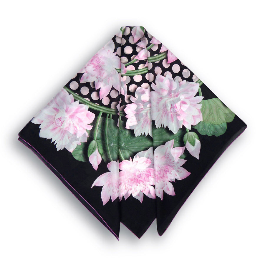 Square Silk Scarf - Lotus Flower Black/Pink/Green