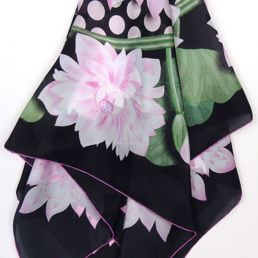 Square Silk Scarf - Lotus Flower Black/Pink/Green