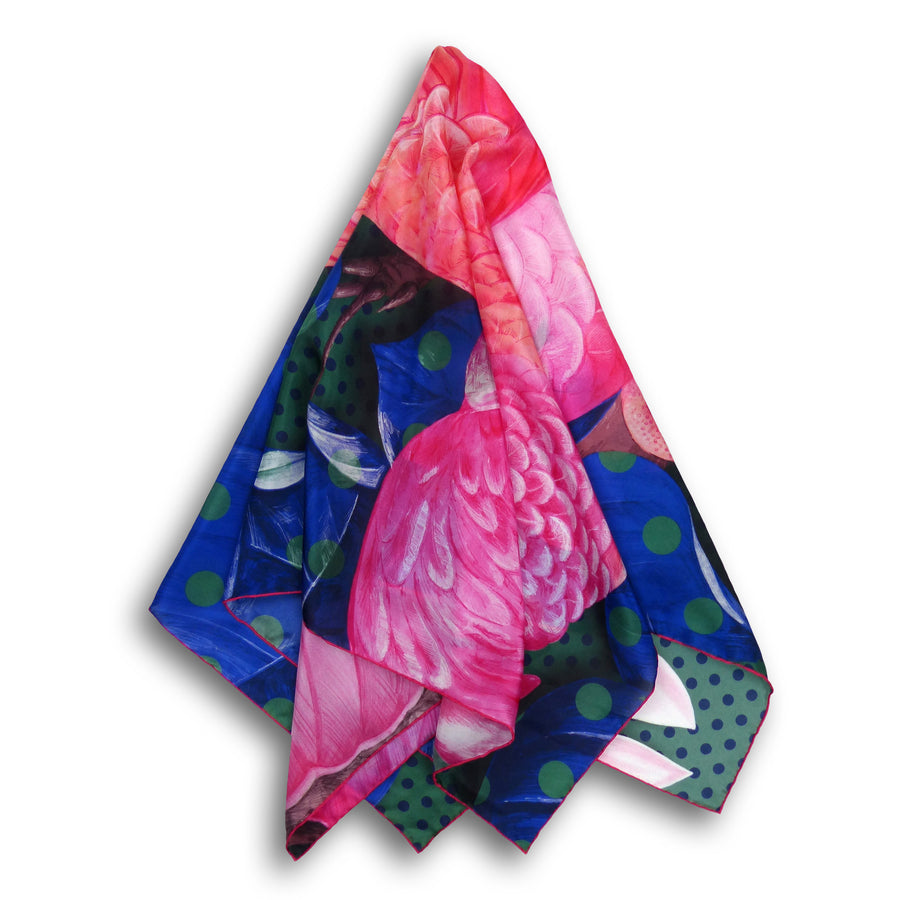 Square Silk Scarf (90cm) - Cockatoo Pink/Blue/Green