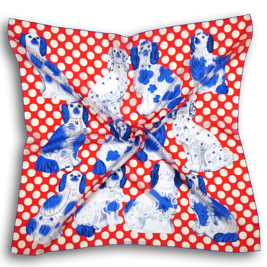 Square Silk Scarf (90cm) - Pottery Dogs Red/White/Blue