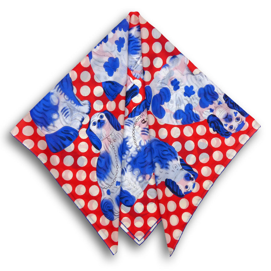 Square Silk Scarf (90cm) - Pottery Dogs Red/White/Blue