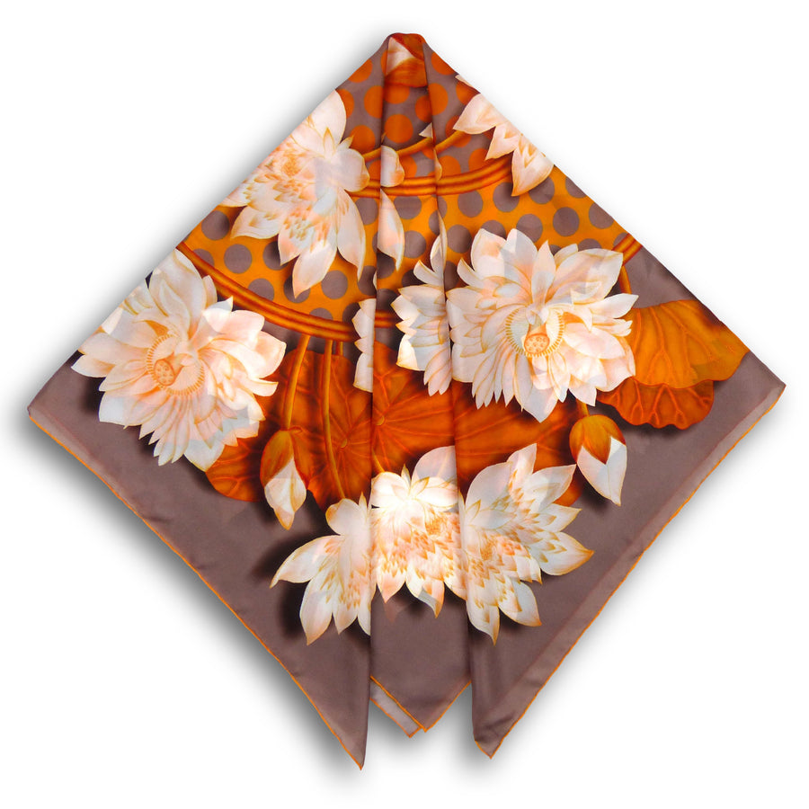 Square Silk Scarf (90cm) - Lotus Flower Orange/Grey/White