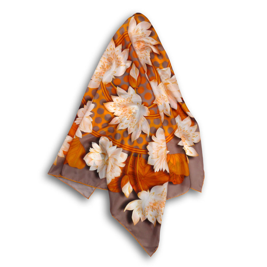Square Silk Scarf (90cm) - Lotus Flower Orange/Grey/White