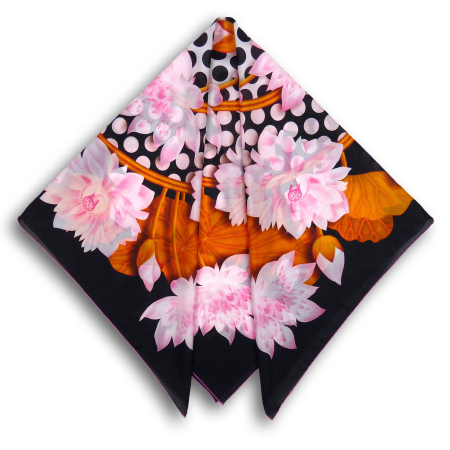 Square Silk Scarf (90cm) - Lotus Flower Black/Pink/Gold