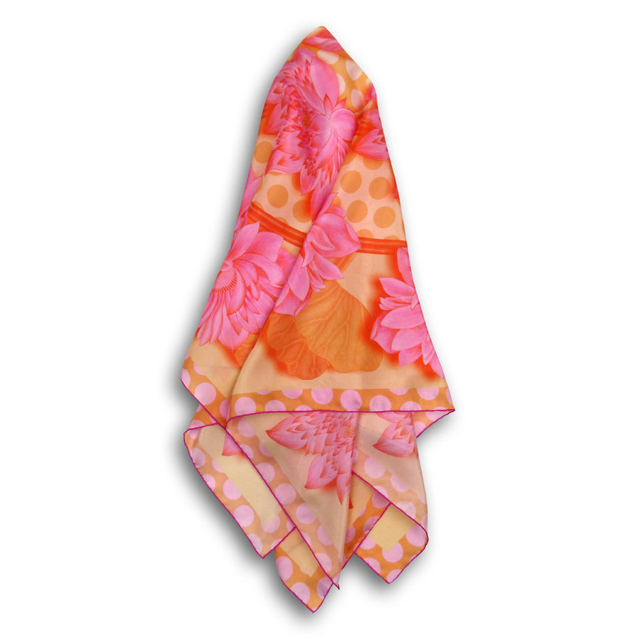 Square Silk Scarf (90cm) - Lotus Flower Pink/Orange/Yellow