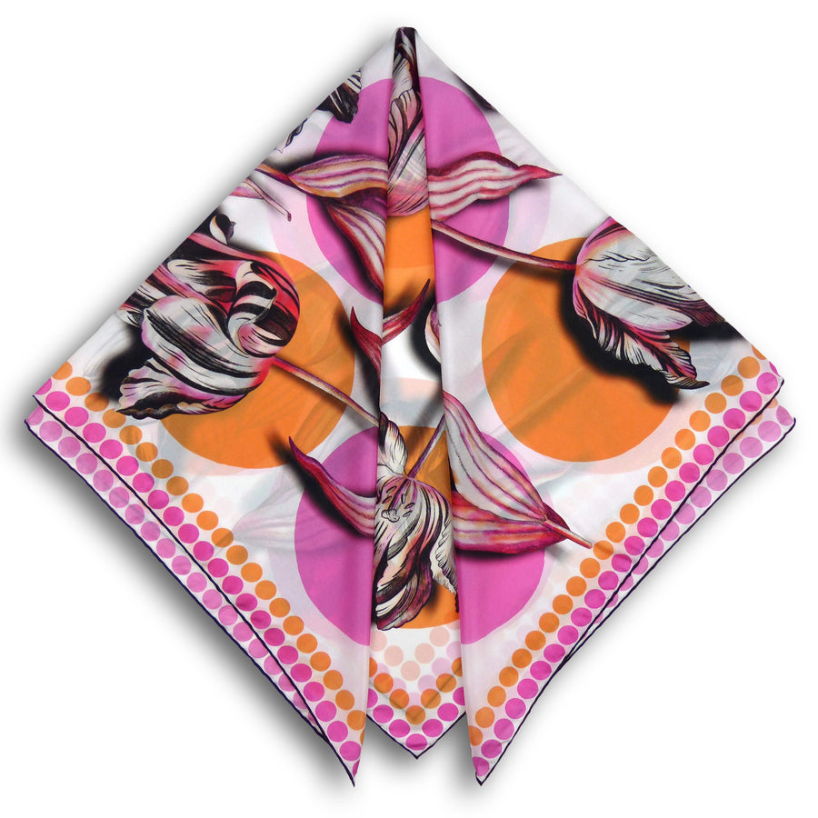 Square Silk Scarf (90cm) - Tulip Spot Orange/Pink